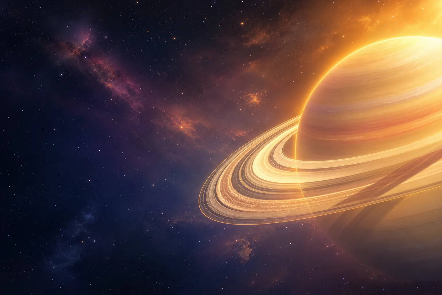 A luminous cinematic sci-fi hero image: the planet Saturn glows majestically on the right side of the frame, its pale golden-cream surface banded in warm honey, peach, and salmon tones, lit dramatically by sunlight from the upper right. Saturn's iconic ring system sweeps gracefully across the right half of the composition, glittering in layered bands of ivory, gold, and soft amber, with delicate translucent shadows where the rings cross the planet's body. The left two-thirds of the frame is warm cosmic space - deep indigo and midnight blue washed with a soft golden glow spilling in from the right, a sprinkle of crisp distant stars, and a dreamy muted-violet and rose nebula. Painterly stylised concept-art aesthetic in the spirit of Offworld Trading Company - bold colour blocking, atmospheric, hopeful, awe-inspiring.