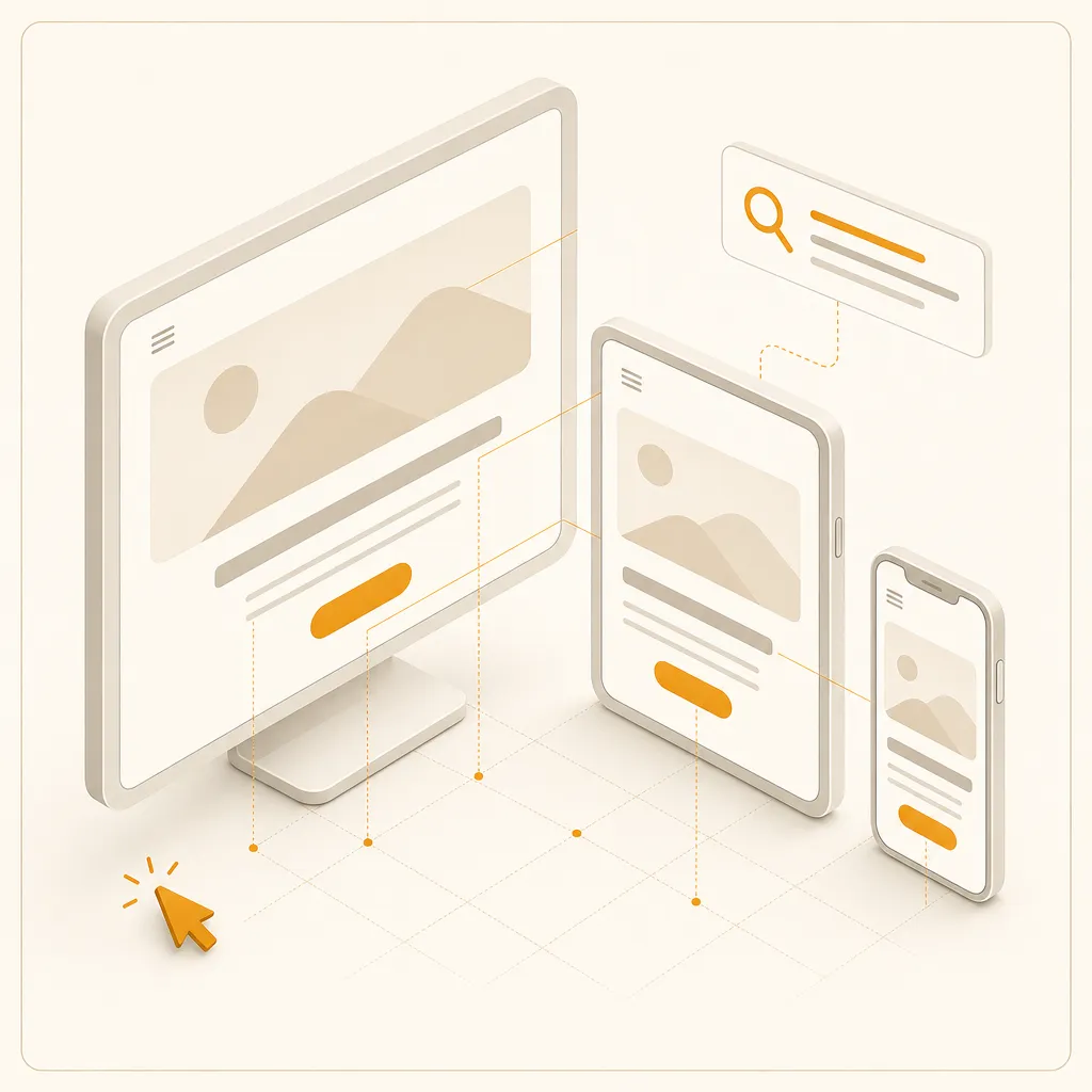 Isometric illustration on a cream background of the same clean website shown on a desktop monitor, tablet and phone with amber buttons, linked by faint alignment guides, a cursor and a search glyph, representing a responsive design that looks great on every device