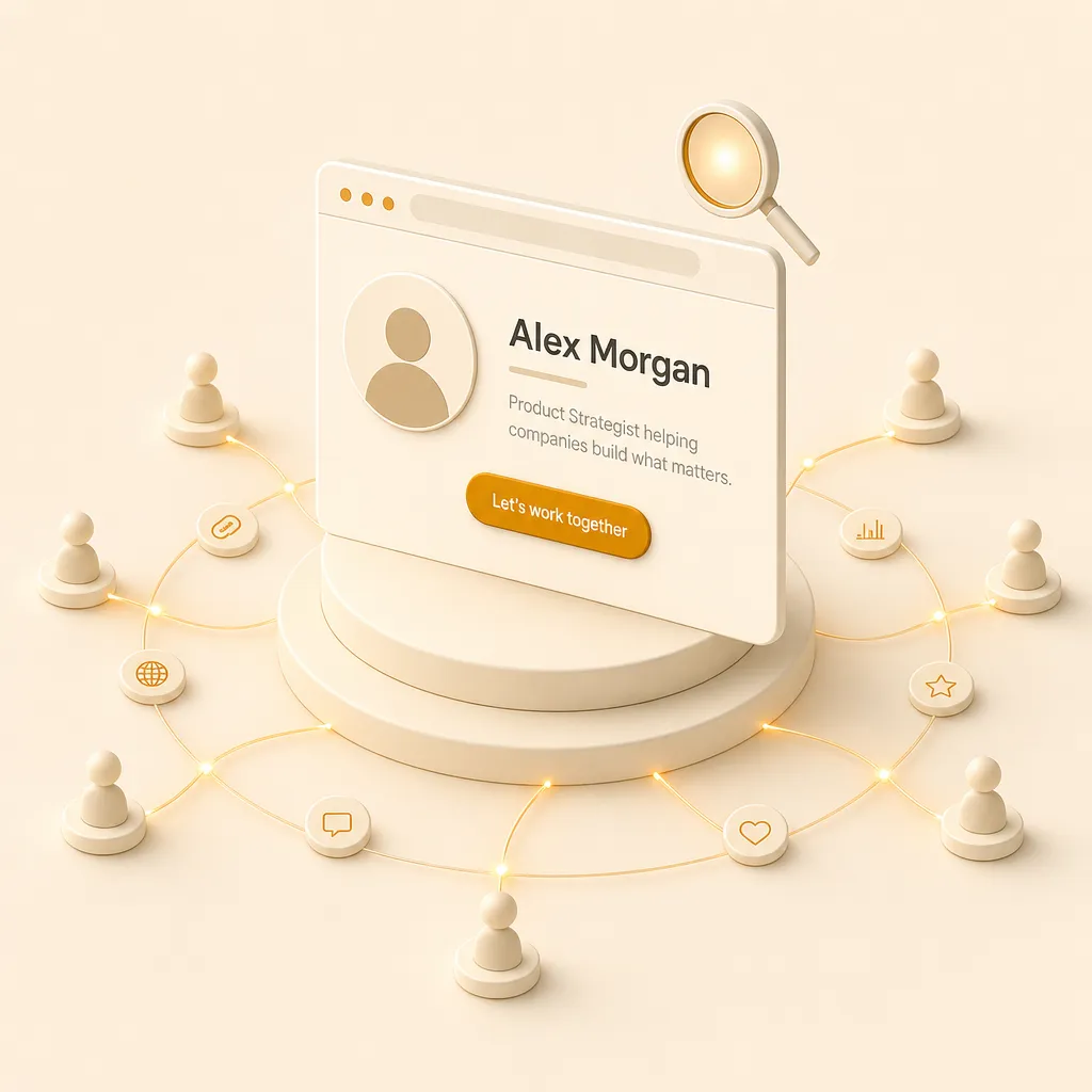 Isometric illustration on a cream background of a browser window showing a simple profile page with an amber call-to-action button, ringed by glowing amber-threaded connection nodes and people markers, representing a strong first impression made online