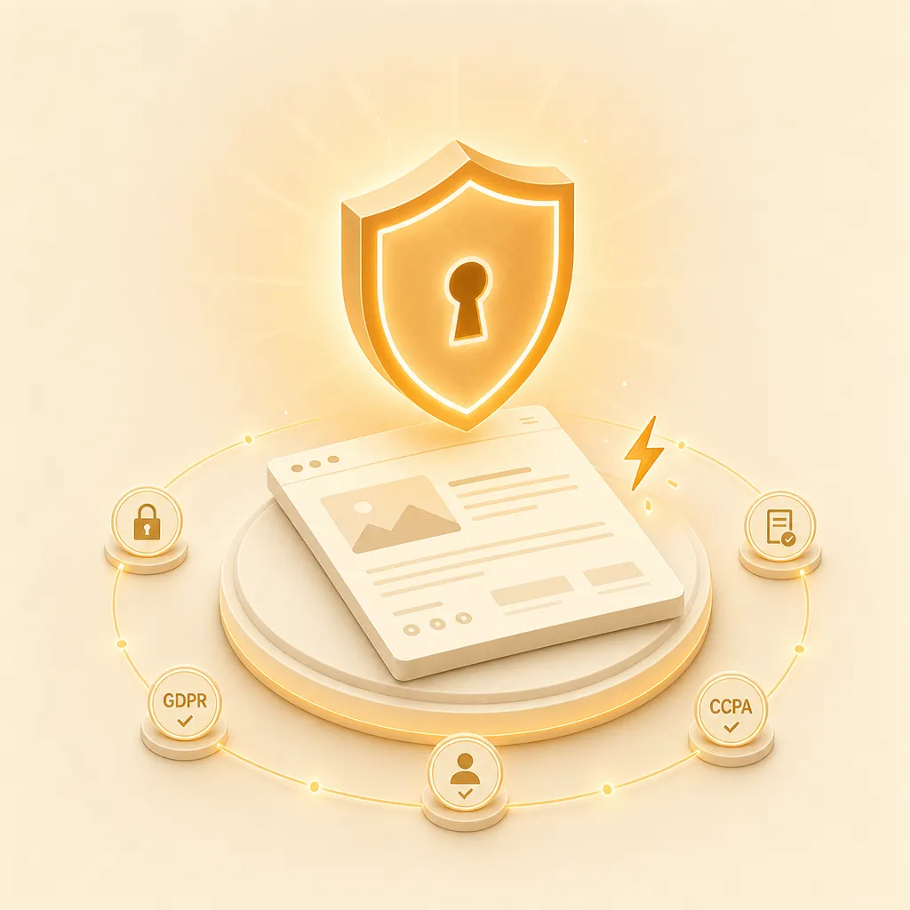 Isometric illustration on a cream background of a glowing amber shield with a keyhole guarding a sealed static web page on a lit pedestal, orbited by privacy and compliance tokens along amber threads, representing a secure, private, unhackable website