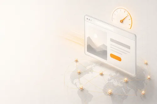 A sleek isometric browser window floats in the right half of an off-white cream frame, displaying a simplified marketing landing page - an abstract hero image block, a headline bar, and a single amber call-to-action pill. A small minimal speed-gauge dial hovers above the browser with its needle in the high range, glowing softly amber. Beneath the browser a thin web of edge-cache node points connects via faint amber threads into a partial globe lattice, suggesting a global CDN. A subtle motion-trail drags behind the window as if it has just snapped into place - the visual feeling of a website that loads instantly.