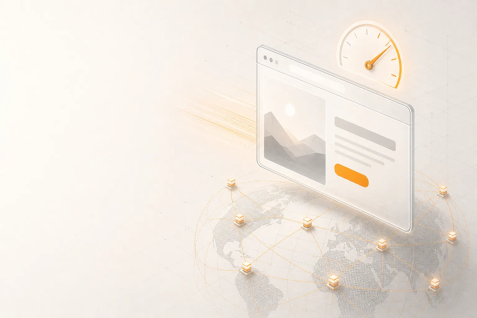 A sleek isometric browser window floats in the right half of an off-white cream frame, displaying a simplified marketing landing page - an abstract hero image block, a headline bar, and a single amber call-to-action pill. A small minimal speed-gauge dial hovers above the browser with its needle in the high range, glowing softly amber. Beneath the browser a thin web of edge-cache node points connects via faint amber threads into a partial globe lattice, suggesting a global CDN. A subtle motion-trail drags behind the window as if it has just snapped into place - the visual feeling of a website that loads instantly.